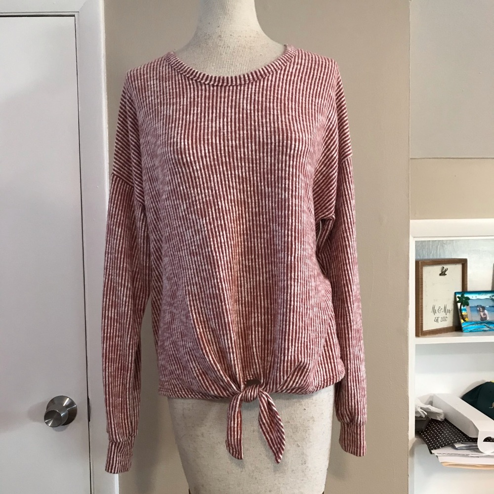 Stripped dark red front tie sweater